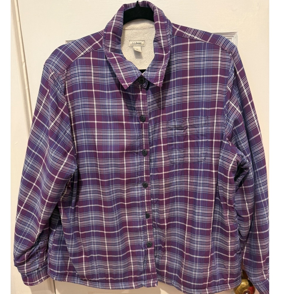 LL Bean Plaid Fleece Lined Flannel‎ Shirt Jacket Womens Size L Purple Blue